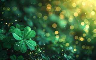 AI generated Beautiful Green Leaves Of Three And Four Leaf Clover Bokeh Light With Glitter Dust Background For St Patrick's Day photo