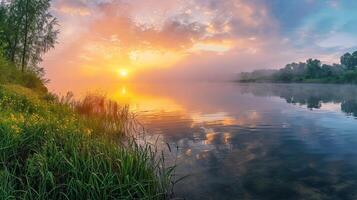 ai generado panorama de un verano paisaje con amanecer, niebla y el río foto