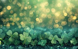 AI generated Beautiful Green Leaves Of Three And Four Leaf Clover Bokeh Light With Glitter Dust Background For St Patrick's Day photo
