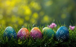 AI generated Colorful Hand-Painted Easter Eggs Lined Up in Lush Green Grass on a Sunny Spring Morning photo