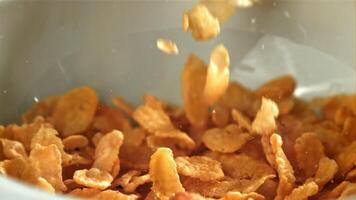 Cornflakes fall into a plate. Filmed on a high-speed camera at 1000 fps. High quality FullHD footage video