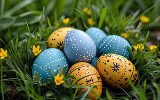 ai generado vistoso pintado a mano Pascua de Resurrección huevos anidado en vibrante primavera césped con flores foto