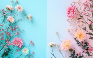 ai generado foto de 8vo de marzo De las mujeres día antecedentes con decorado flores en un mesa, color pastel, alegre, plano poner, gastos generales Disparo con Copiar espacio