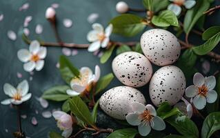 AI generated Speckled Easter Eggs Nestled Among Cherry Blossoms on a Dark Background, flat lay photo