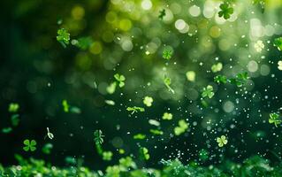 AI generated St. Patrick's Day clover confetti with green bokeh, creating a festive and vibrant atmosphere photo