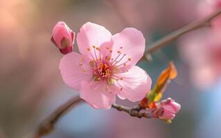 ai generado un vibrante rosado melocotón flor floraciones graciosamente en un radiante primavera día foto