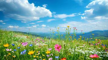 AI generated Beautiful spring landscape with colorful wildflowers in a green meadow on a blue day photo