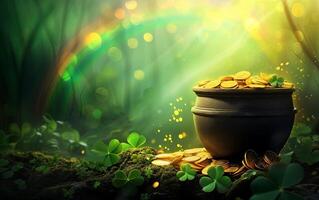 AI generated Banner with Pot of gold coins, clover leaves, and rainbow St. Patrick's day concept photo