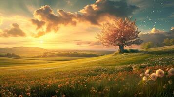 AI generated Beautiful panorama of rural landscape with sunrise and blossoming meadow photo