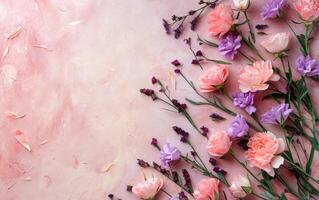 AI generated Photo of 8th of march Women's Day background with decorated flowers on a table, pastel-colored, light-hearted, flat lay, overhead shot with copy space