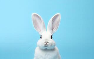 ai generado blanco Pascua de Resurrección conejo, suave y esponjoso, en pie alto en un sereno pastel azul lona con Copiar espacio foto