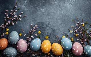 AI generated Colorful Easter Eggs and Bright Spring Flowers on a Textured Gray Background photo