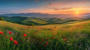 AI generated Beautiful panorama of rural landscape with sunrise and blossoming meadow photo