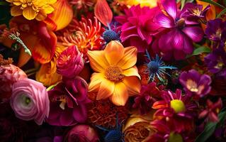 AI generated Vibrant Bouquet of Mixed Flowers in Full Bloom Capturing Natures Beauty photo