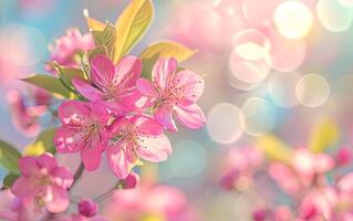AI generated Pink cherry tree flowers bloom in spring on the natural sunny blurred background of the bokeh garden banner photo