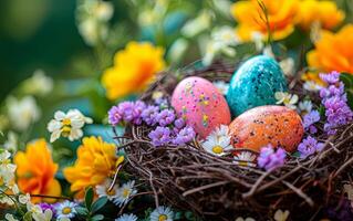 AI generated Easter background with decorated eggs in a nest surrounded by spring flowers photo