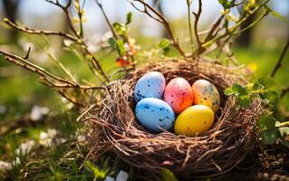 AI generated Nest with easter eggs in grass on a sunny spring day photo