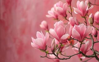 AI generated Pink spring magnolia flowers branch photo