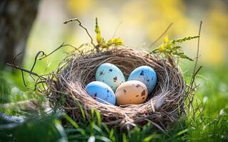 AI generated Nest with easter eggs in grass on a sunny spring day photo