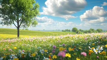 ai generado primavera paisaje panorama con flores en un prado foto