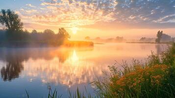 AI generated Panorama of a summer landscape with sunrise, fog and the river photo