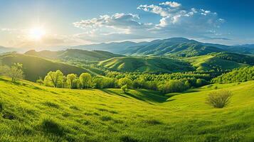 ai generado panorama de hermosa campo. soleado tarde. maravilloso primavera paisaje en el montañas. herboso campo y laminación colinas foto