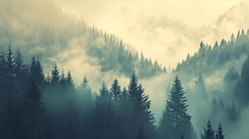 AI generated Misty mountain landscape with fir forest in vintage retro style photo