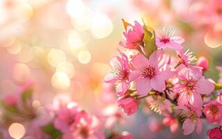 AI generated Pink cherry tree flowers bloom in spring on the natural sunny blurred background of the bokeh garden banner photo