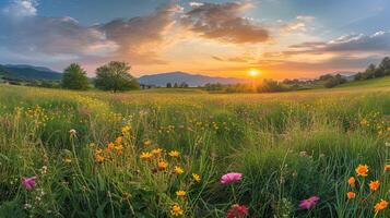 AI generated Beautiful panorama of rural landscape with sunrise and blossoming meadow photo