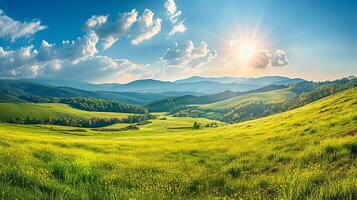 ai generado panorama de hermosa campo. soleado tarde. maravilloso primavera paisaje en el montañas. herboso campo y laminación colinas foto