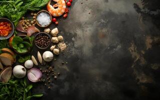 AI generated Various Asian food ingredients such as rice, garlic, onions, soy sauce, seafood, etc. arranged on a rustic stone surface, viewed from the top photo