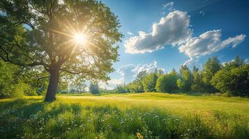 ai generado paisaje en verano con arboles y prados en brillante Brillo Solar foto