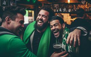 AI generated Diverse group of friends celebrating st patrick's day embracing and laughing at a bar photo