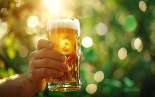 AI generated A man holding a glass cold, fresh beer on a blurred green background, creating the perfect ambiance for St. Patrick's Day celebrations with copy space photo