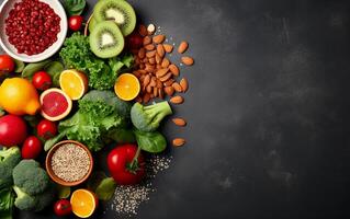 AI generated Healthy food clean eating selection, fruit, vegetable, seeds, cereal, leaf vegetable on gray concrete background photo