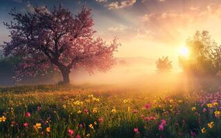 AI generated Colorful spring sunrise on the meadow photo