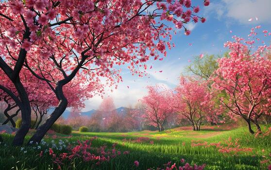 AI generated A beautiful cherry tree in full bloom, its tender flowers creating an enchanting display of nature's elegance photo