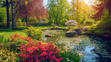 ai generado hermosa jardín. parque en el primavera. primavera paisaje foto