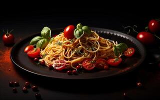 AI generated Italian spaghetti on a dark plate, set against a stylish dark background for a sleek presentation photo