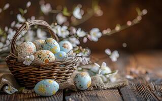 AI generated Easter painted eggs arranged in a basket on a rustic wooden table, creating a festive and decorative holiday centerpiece photo