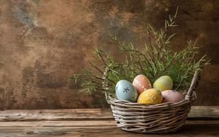 AI generated Easter painted eggs arranged in a basket on a rustic wooden table, creating a festive and decorative holiday centerpiece photo