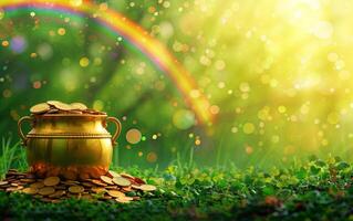 AI generated Banner with Pot of gold coins, clover leaves, and rainbow St. Patrick's day concept photo