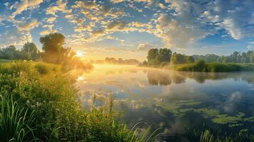 AI generated Panorama of a summer landscape with sunrise, fog and the river photo