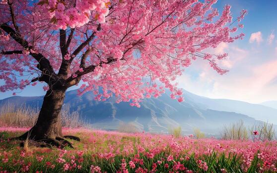 AI generated A beautiful cherry tree in full bloom, its tender flowers creating an enchanting display of nature's elegance photo