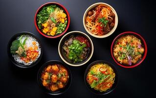 AI generated Assorted Asian Cuisine Dishes Served in Bowls on a Dark Table Background photo