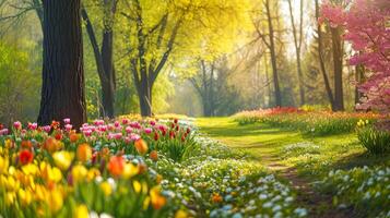 AI generated Beautiful garden. Park in The Spring. Spring landscape photo