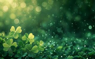 AI generated St. Patrick's Day clover confetti with green bokeh, creating a festive and vibrant atmosphere photo