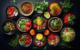 AI generated Assorted Asian Cuisine Dishes Served in Bowls on a Dark Table Background photo