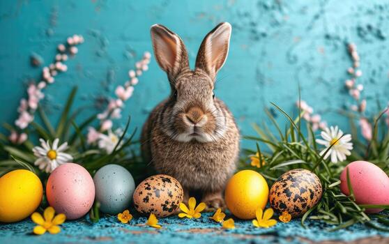 AI generated A cute rabbit sits surrounded by an array of brightly painted Easter eggs and fresh spring flowers against a vibrant blue backdrop, evoking the cheerful spirit of Easter photo