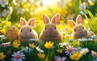 ai generado Pascua de Resurrección antecedentes con Tres linda conejitos sentado en el césped en naturaleza rodeado por vistoso primavera flores y decorado Pascua de Resurrección huevos foto